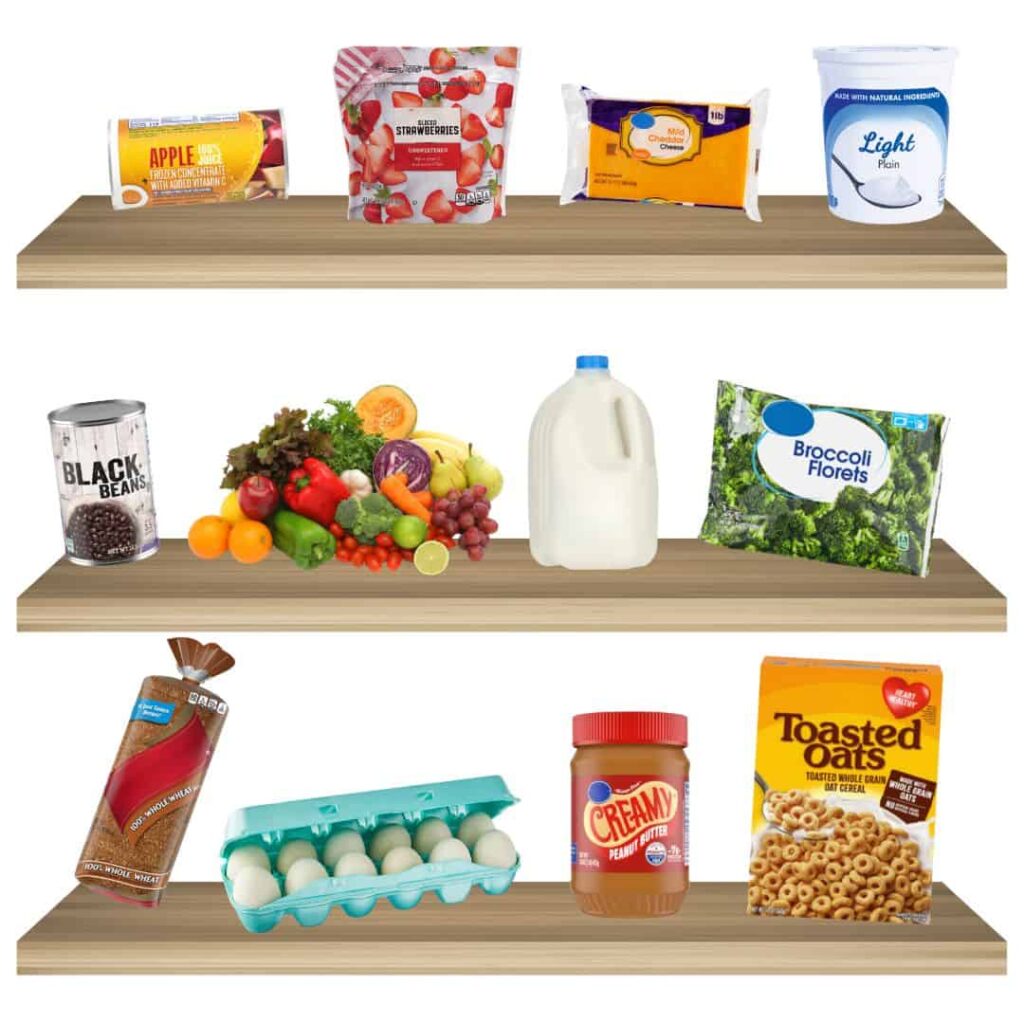 Tres estantes con diversos alimentos: frijoles enlatados, pan, huevos, frutas y verduras, leche, yogur, queso, avena, mantequilla de maní, bayas congeladas y brócoli.