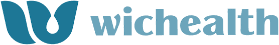 Logotipo con la palabra "wichealth" en minúsculas azules. Una "w" azul estilizada, símbolo de educación y nutrición, se sitúa a la izquierda con dos formas curvas enfrentadas.