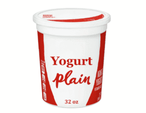 A 32 oz container of plain yogurt with a white and red label and the words "Yogurt plain" on the front.