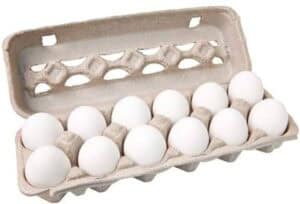 A dozen white eggs in an open cardboard egg carton, viewed from above against a white background.