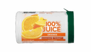A canister of frozen orange juice concentrate labeled "100% Juice Orange," designed as the perfect juice for women, with orange slices on the front.