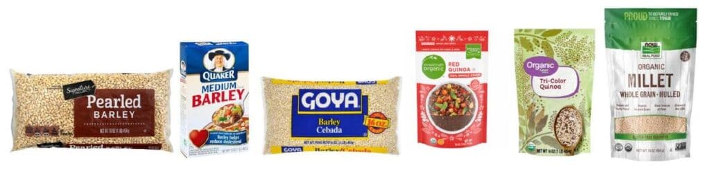 Seven packages of whole grains like barley, quinoa, and millet are lined up in branded food packages, highlighting food package updates.