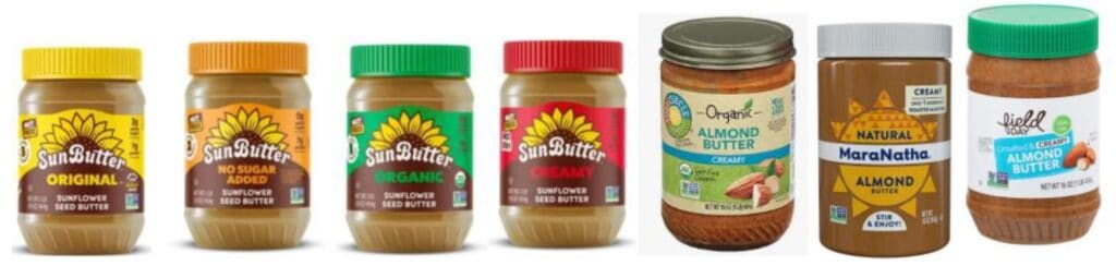 Six jars of seed butters, including SunButter and almond butter varieties, are displayed in a row as part of food package updates.