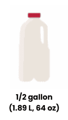 Một bình sữa nhựa có nắp màu đỏ, ghi nhãn 1/2 gallon (1,89 L, 64 oz) sữa không chứa lactose.