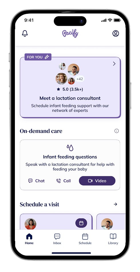 A smartphone displays an app screen offering breastfeeding support, on-demand lactation help, and options to schedule a visit.