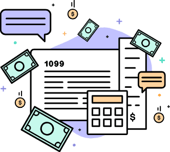Illustration of a 1099 tax form, calculator, speech bubbles, and coins, highlighting Free Tax Help on a light background.