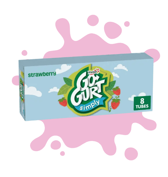 A box of WIC approved Go-Gurt Simply strawberry yogurt tubes (8 count), shown against a pink splash background.